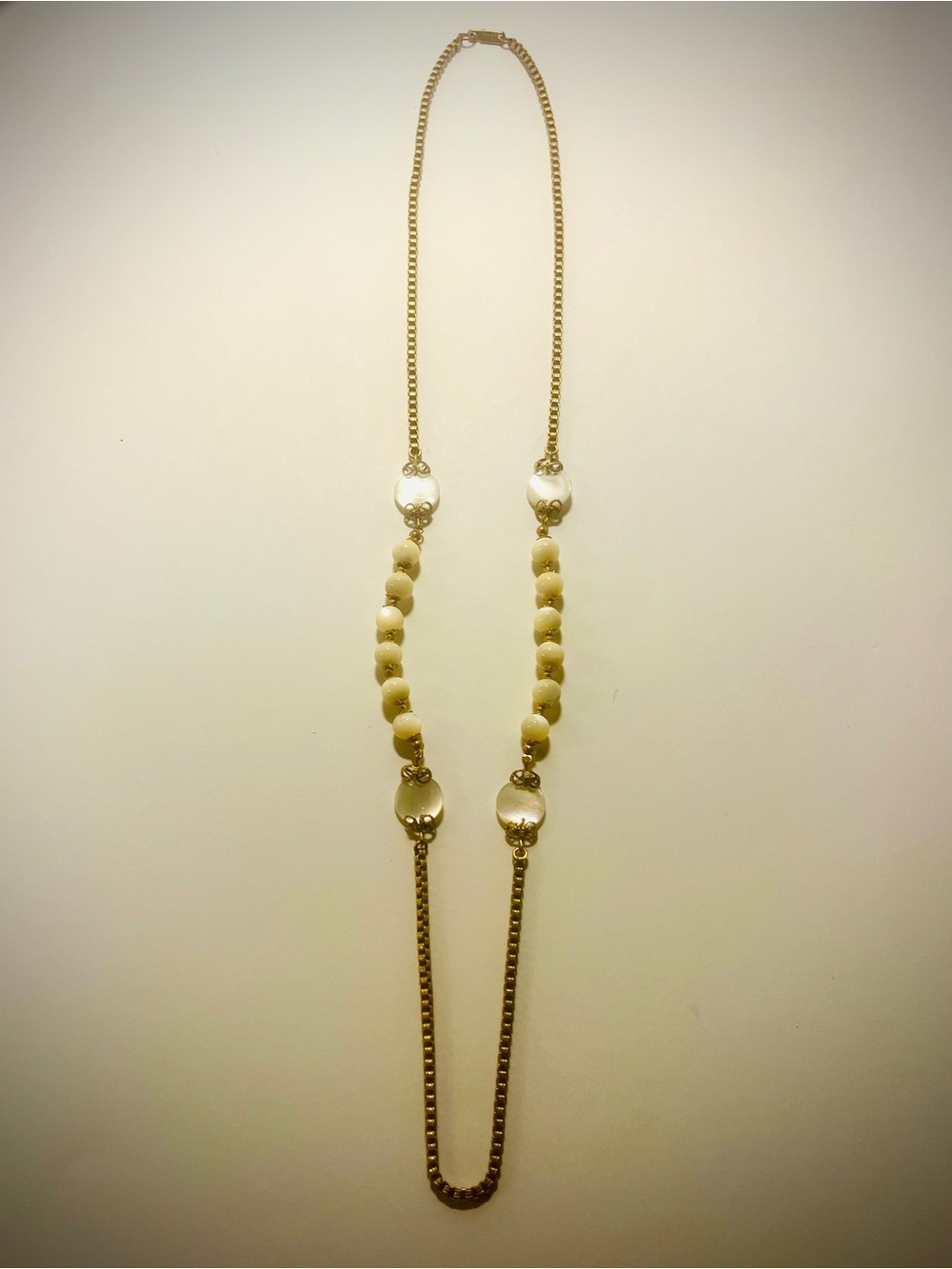 Miriam Haskell Signed Mother-of-Pearl and Gold-Toned Chain Vintage Necklace
